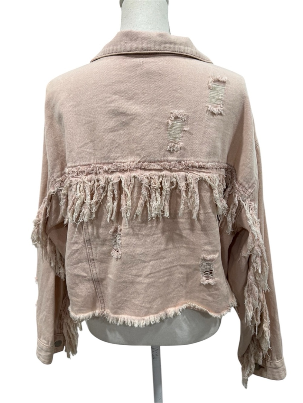 NWT POL Pink Fringe Distressed Crop Denim Jacket - Picture 9 of 16